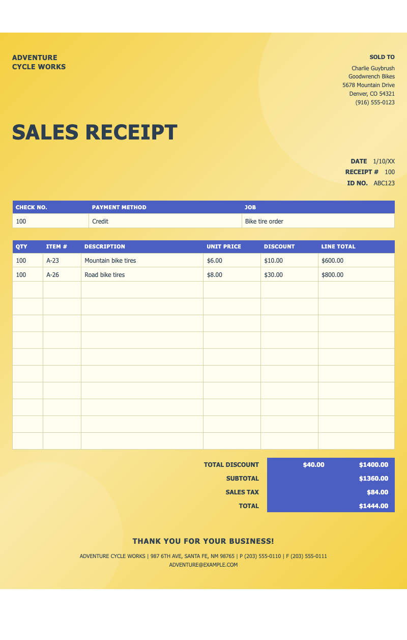 Retro sales receipt - Golden-gradient sales receipt for bike shops with itemized breakdown and contact footer.